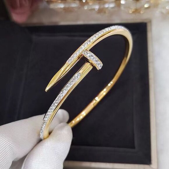 Jewelry - 18K Gold Plated Stainless Steel Luxury Simulated Diamond Nail Bangle